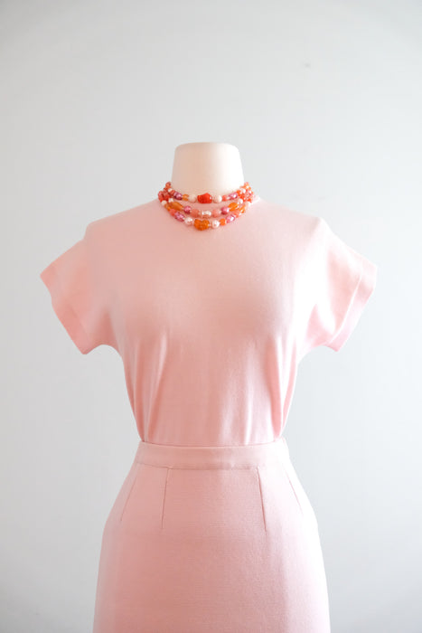 Pretty 1960's Pink & Orange Color Block Sherbet Knit Three Piece Set / M