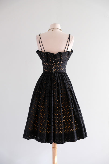 Vintage 1950's Black Eyelet Illusion Cotton Party Dress by Lou-Ette / XS