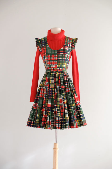Vintage 1950's Holiday Plaid Pinafore Dress with Ruffles / M