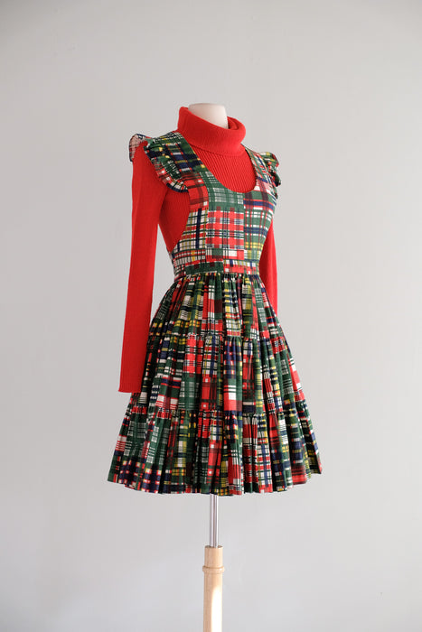 Vintage 1950's Holiday Plaid Pinafore Dress with Ruffles / M