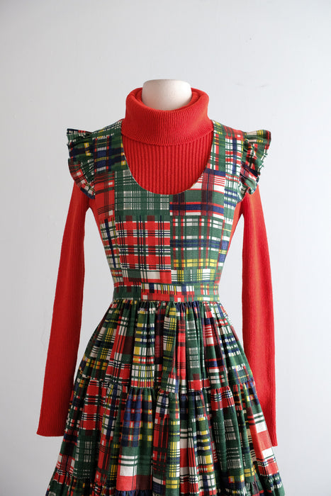 Vintage 1950's Holiday Plaid Pinafore Dress with Ruffles / M