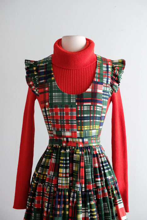 Vintage 1950's Holiday Plaid Pinafore Dress with Ruffles / M