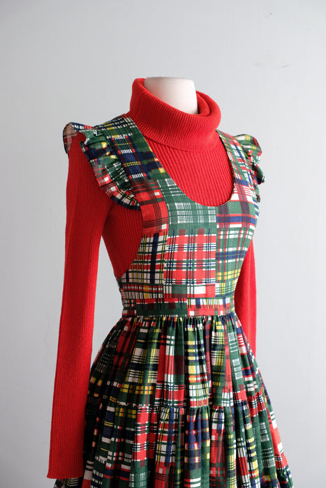 Vintage 1950's Holiday Plaid Pinafore Dress with Ruffles / M