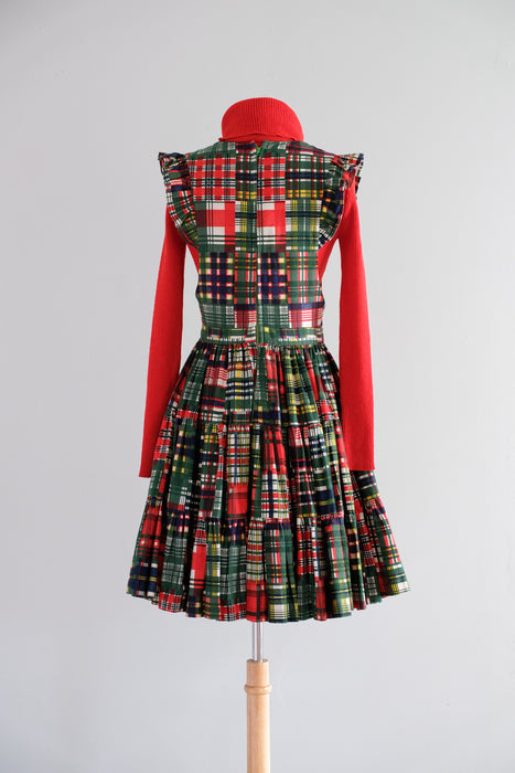 Vintage 1950's Holiday Plaid Pinafore Dress with Ruffles / M