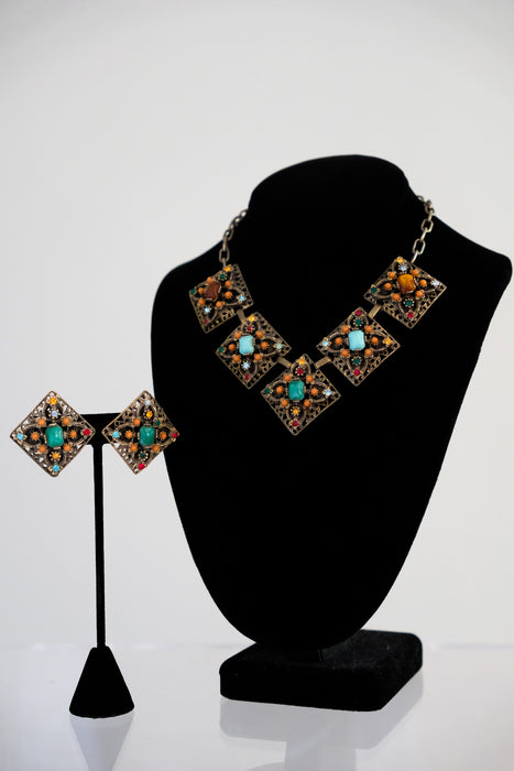 Glorious 1950's Filigree Multi Colored Stone Necklace & Earring Set