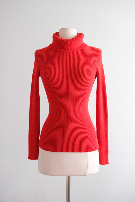 Vintage 1970's Cherry Red Knit Turtleneck Sweater by Kasper for J.L. Sport / M