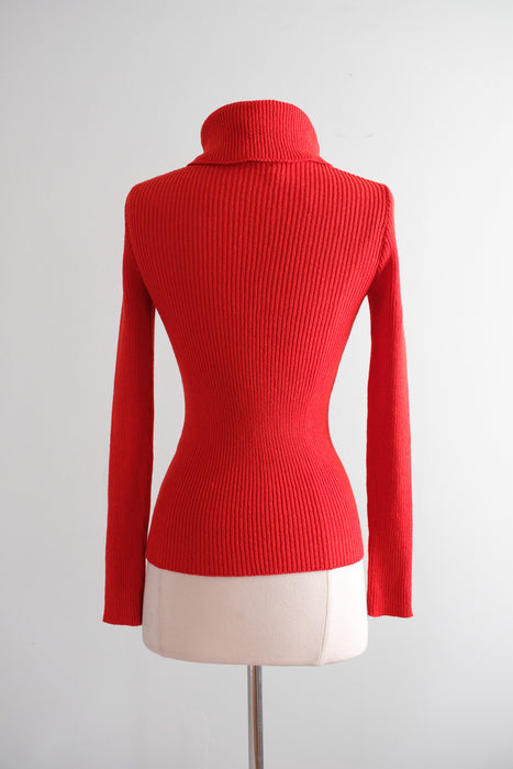 Vintage 1970's Cherry Red Knit Turtleneck Sweater by Kasper for J.L. Sport / M