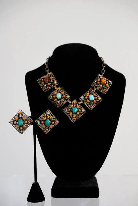 Glorious 1950's Filigree Multi Colored Stone Necklace & Earring Set