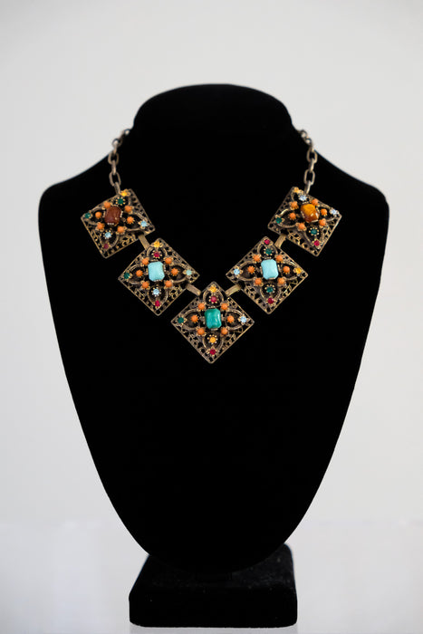 Glorious 1950's Filigree Multi Colored Stone Necklace & Earring Set