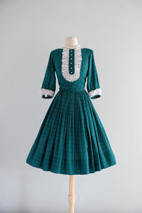 Adorable 1950's NOS Green Plaid Holiday Dress by Candy Jones / XS