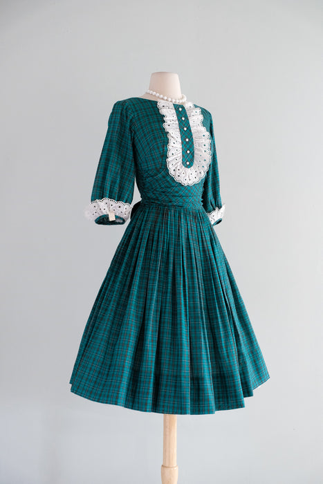 Adorable 1950's NOS Green Plaid Holiday Dress by Candy Jones / XS