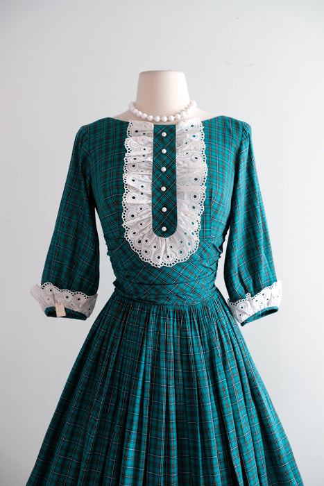 Adorable 1950's NOS Green Plaid Holiday Dress by Candy Jones / XS