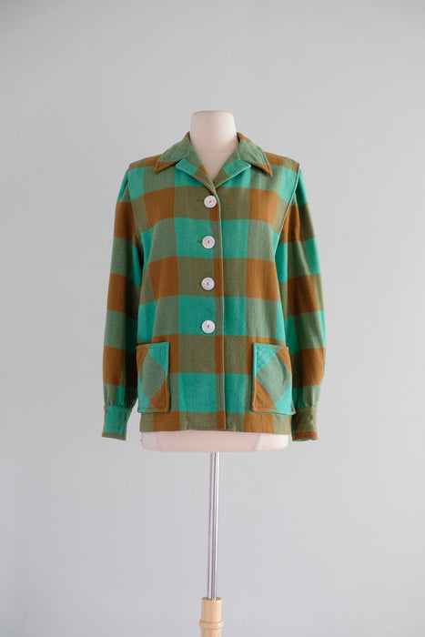 Vintage 1950's Jade Green & Tawny Plaid Wool Forty-Niner Jacket by Pendelton / M