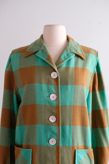 Vintage 1950's Jade Green & Tawny Plaid Wool Forty-Niner Jacket by Pendelton / M