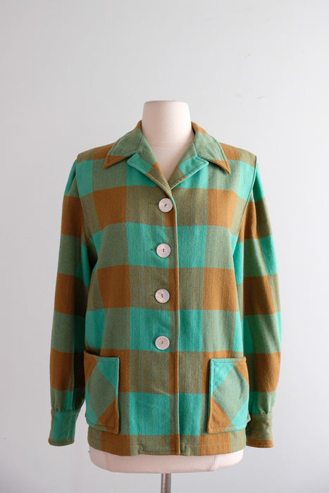 Vintage 1950's Jade Green & Tawny Plaid Wool Forty-Niner Jacket by Pendelton / M