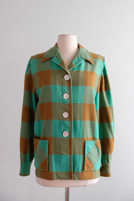 Vintage 1950's Jade Green & Tawny Plaid Wool Forty-Niner Jacket by Pendelton / M