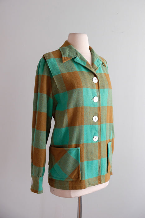 Vintage 1950's Jade Green & Tawny Plaid Wool Forty-Niner Jacket by Pendelton / M
