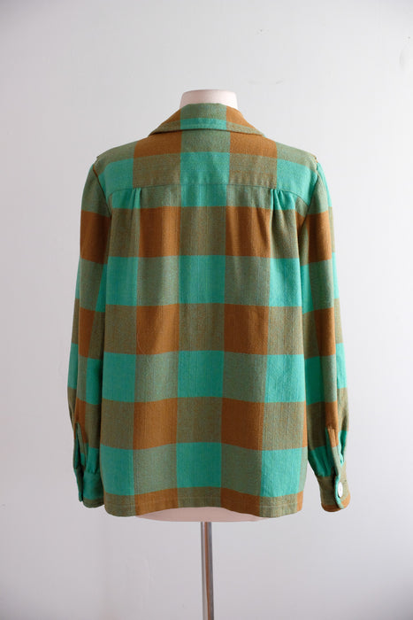 Vintage 1950's Jade Green & Tawny Plaid Wool Forty-Niner Jacket by Pendelton / M