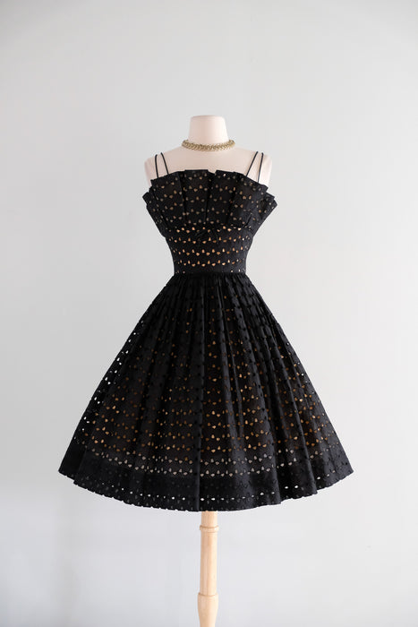 Vintage 1950's Black Eyelet Illusion Cotton Party Dress by Lou-Ette / XS