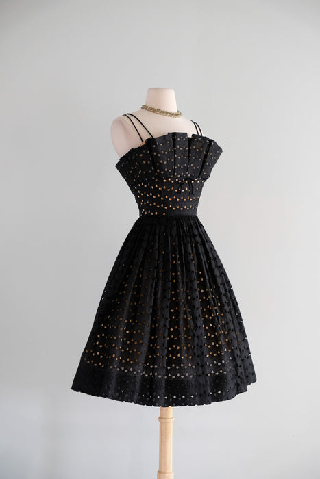 Vintage 1950's Black Eyelet Illusion Cotton Party Dress by Lou-Ette / XS