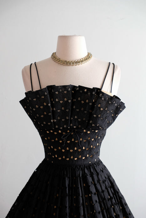 Vintage 1950's Black Eyelet Illusion Cotton Party Dress by Lou-Ette / XS