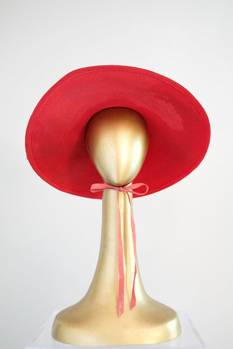 Ravishing 1940's Red Raffia Wide Brim Hat by Leon Hats / OS