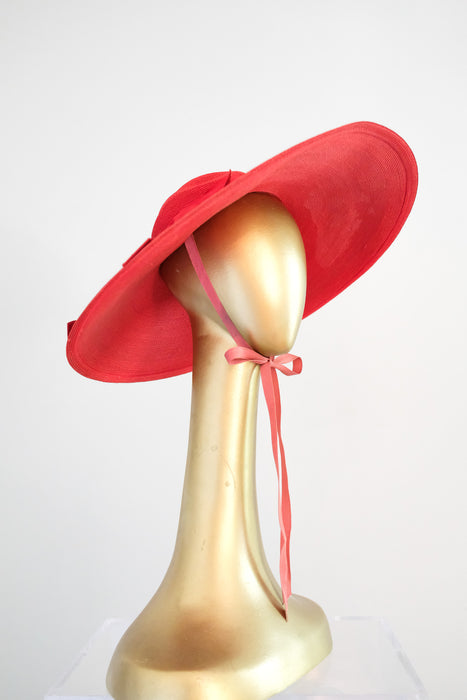 Ravishing 1940's Red Raffia Wide Brim Hat by Leon Hats / OS