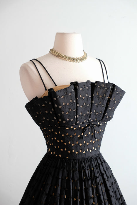 Vintage 1950's Black Eyelet Illusion Cotton Party Dress by Lou-Ette / XS