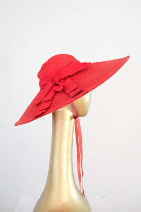 Ravishing 1940's Red Raffia Wide Brim Hat by Leon Hats / OS