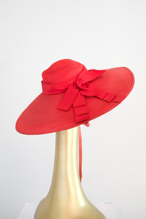 Ravishing 1940's Red Raffia Wide Brim Hat by Leon Hats / OS