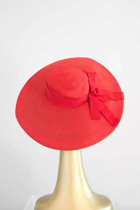 Ravishing 1940's Red Raffia Wide Brim Hat by Leon Hats / OS