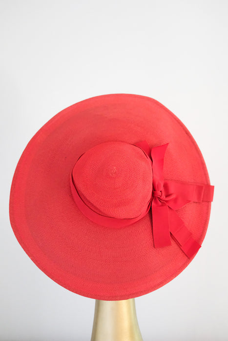 Ravishing 1940's Red Raffia Wide Brim Hat by Leon Hats / OS