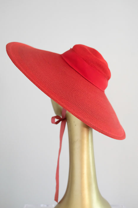 Ravishing 1940's Red Raffia Wide Brim Hat by Leon Hats / OS