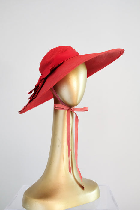 Ravishing 1940's Red Raffia Wide Brim Hat by Leon Hats / OS