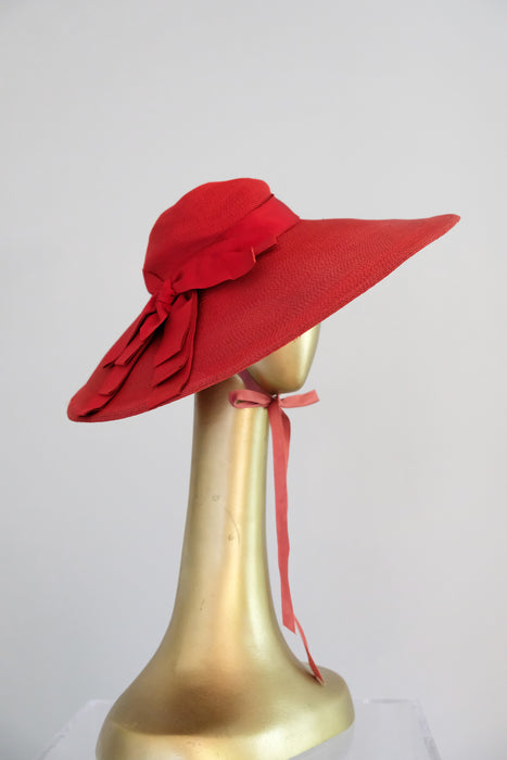 Ravishing 1940's Red Raffia Wide Brim Hat by Leon Hats / OS