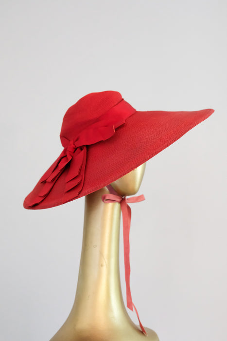 Ravishing 1940's Red Raffia Wide Brim Hat by Leon Hats / OS