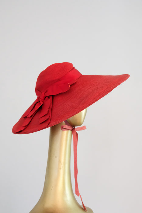 Ravishing 1940's Red Raffia Wide Brim Hat by Leon Hats / OS