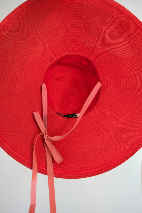 Ravishing 1940's Red Raffia Wide Brim Hat by Leon Hats / OS