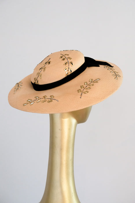 Glamorous 1950's Straw Gold Leaf Cartwheel Hat by Glady's & Belle / OS