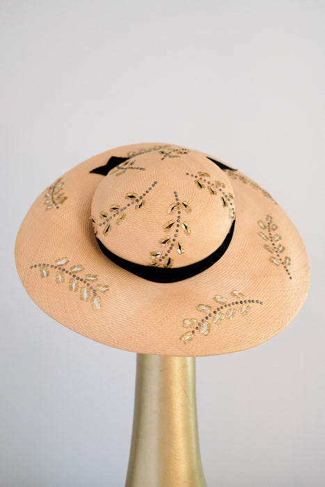 Glamorous 1950's Straw Gold Leaf Cartwheel Hat by Glady's & Belle / OS