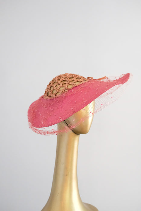 Delightful 1940's Raspberry Straw Cartwheel Hat by Hattie Carnegie / OS