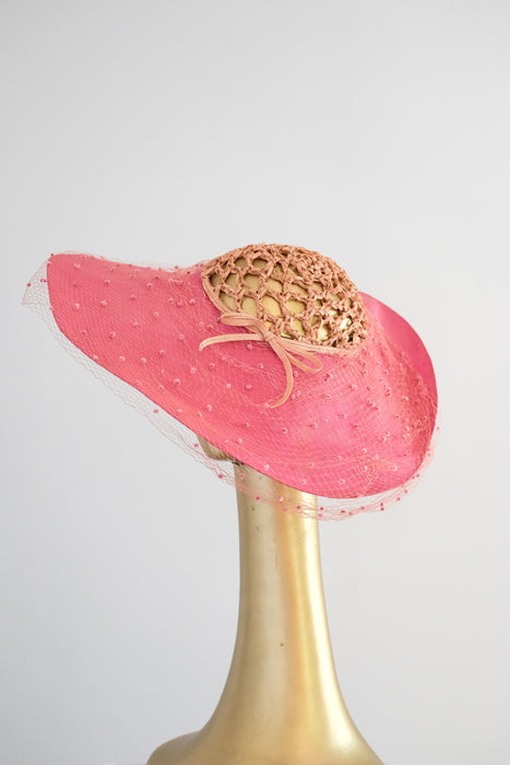 Delightful 1940's Raspberry Straw Cartwheel Hat by Hattie Carnegie / OS