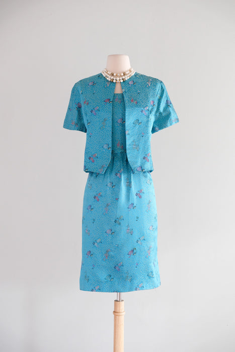 Beautiful 1960's Turquoise Chinese Silk Brocade Cocktail Dress & Jacket / XS