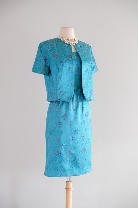 Beautiful 1960's Turquoise Chinese Silk Brocade Cocktail Dress & Jacket / XS