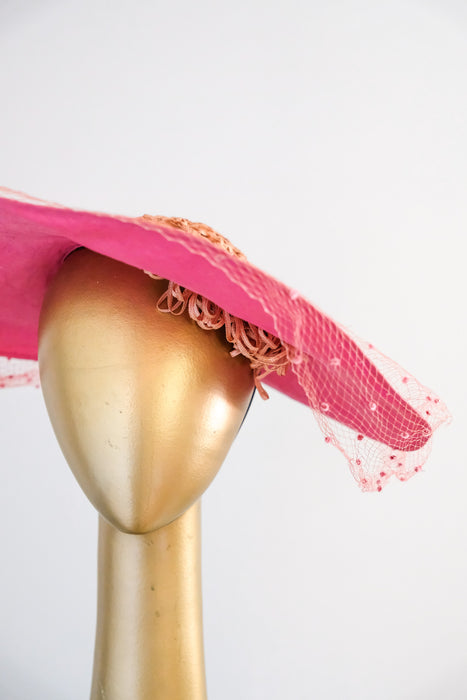 Delightful 1940's Raspberry Straw Cartwheel Hat by Hattie Carnegie / OS