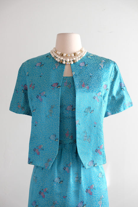 Beautiful 1960's Turquoise Chinese Silk Brocade Cocktail Dress & Jacket / XS