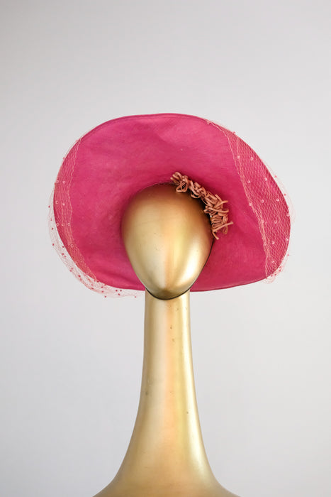 Delightful 1940's Raspberry Straw Cartwheel Hat by Hattie Carnegie / OS