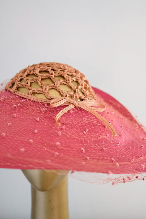 Delightful 1940's Raspberry Straw Cartwheel Hat by Hattie Carnegie / OS