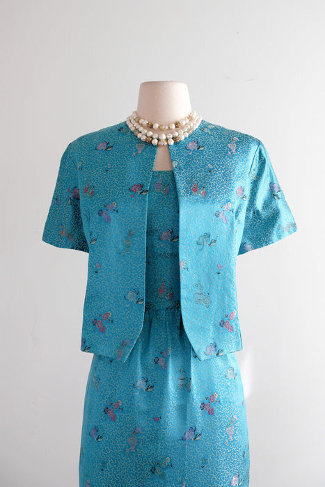 Beautiful 1960's Turquoise Chinese Silk Brocade Cocktail Dress & Jacket / XS