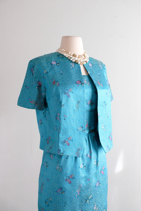 Beautiful 1960's Turquoise Chinese Silk Brocade Cocktail Dress & Jacket / XS